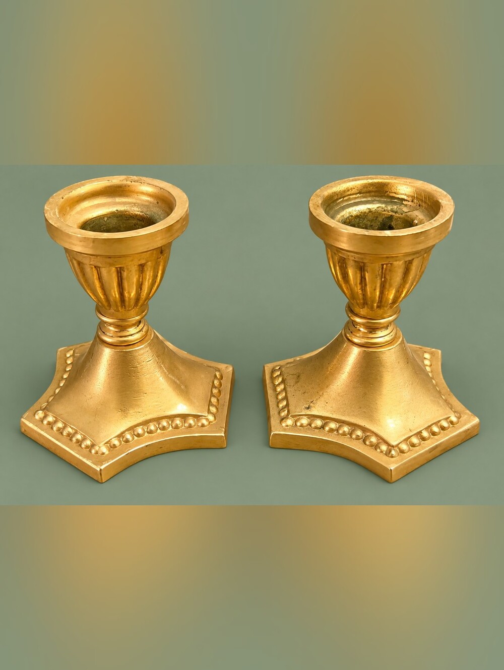 VTG  Brass Candlestick Holders Pair Hollywood Regency Neoclassical Beaded 4.25"